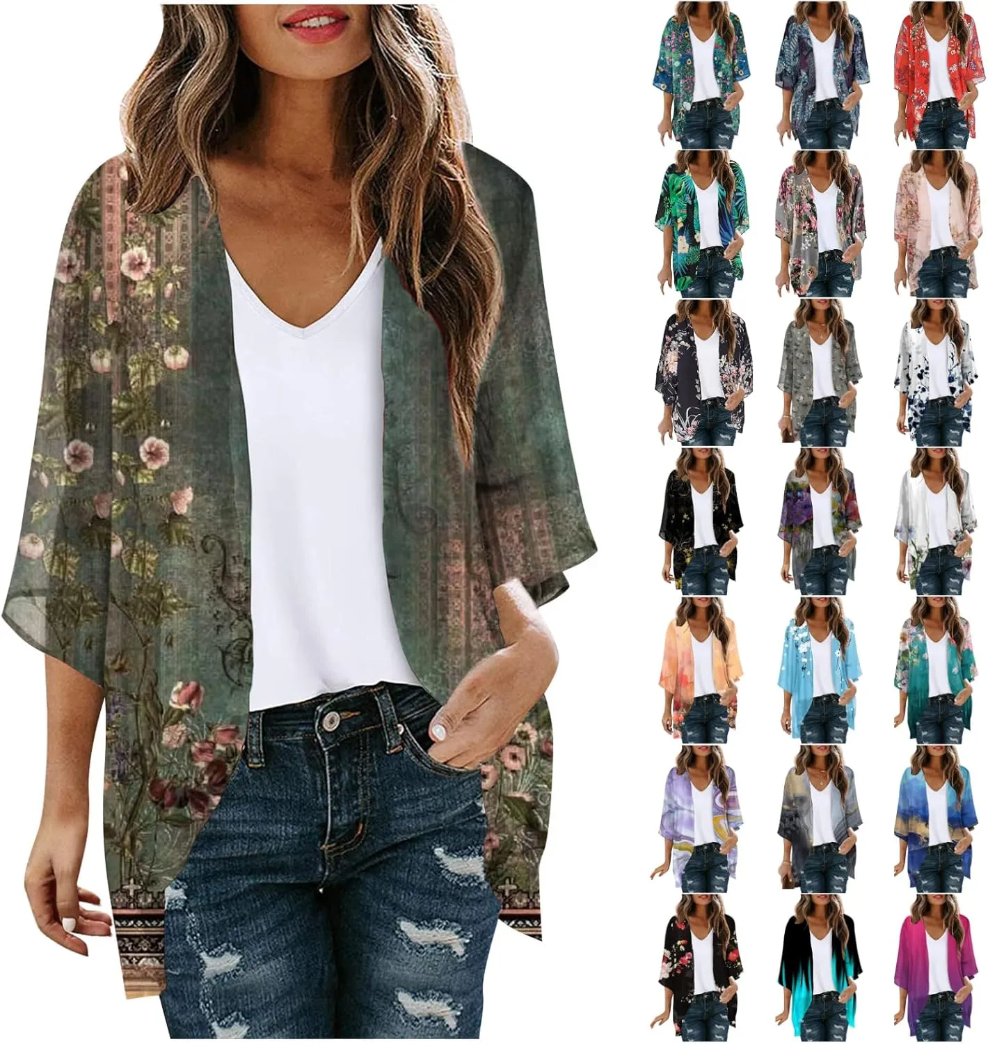 Women's Floral Print Puff Sleeve Kimono Cardigan Loose Cover Ups Casual Tops 2025 Trendy Lightweight Resort Wear