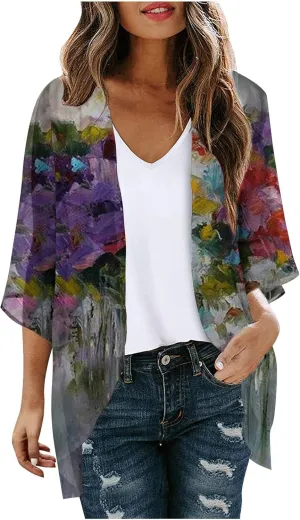 Women's Floral Print Puff Sleeve Kimono Cardigan Loose Cover Ups Casual Tops 2025 Trendy Lightweight Resort Wear