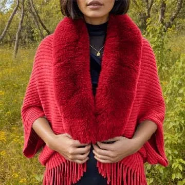 Women's Fringe Poncho Sweaters Ribbed Knit Cape Faux Fur Trim Shawl Wraps Batwing Sleeve Cloak Open Front Cardigans for Women
