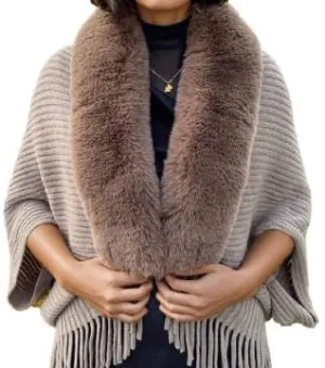 Women's Fringe Poncho Sweaters Ribbed Knit Cape Faux Fur Trim Shawl Wraps Batwing Sleeve Cloak Open Front Cardigans for Women
