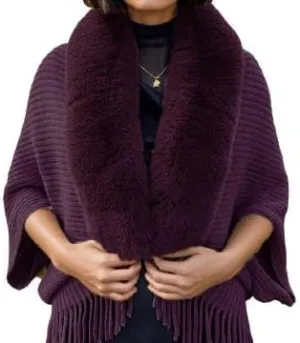 Women's Fringe Poncho Sweaters Ribbed Knit Cape Faux Fur Trim Shawl Wraps Batwing Sleeve Cloak Open Front Cardigans for Women