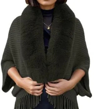 Women's Fringe Poncho Sweaters Ribbed Knit Cape Faux Fur Trim Shawl Wraps Batwing Sleeve Cloak Open Front Cardigans for Women