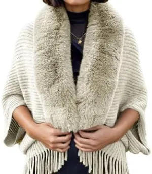 Women's Fringe Poncho Sweaters Ribbed Knit Cape Faux Fur Trim Shawl Wraps Batwing Sleeve Cloak Open Front Cardigans for Women