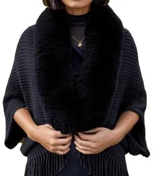 Women's Fringe Poncho Sweaters Ribbed Knit Cape Faux Fur Trim Shawl Wraps Batwing Sleeve Cloak Open Front Cardigans for Women