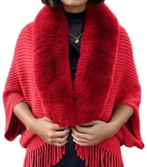 Women's Fringe Poncho Sweaters Ribbed Knit Cape Faux Fur Trim Shawl Wraps Batwing Sleeve Cloak Open Front Cardigans for Women