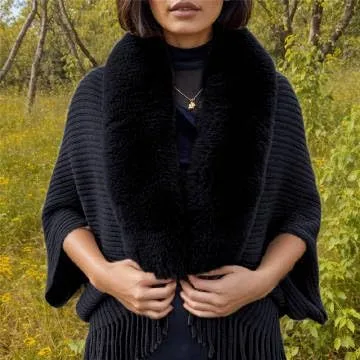 Women's Fringe Poncho Sweaters Ribbed Knit Cape Faux Fur Trim Shawl Wraps Batwing Sleeve Cloak Open Front Cardigans for Women