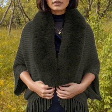 Women's Fringe Poncho Sweaters Ribbed Knit Cape Faux Fur Trim Shawl Wraps Batwing Sleeve Cloak Open Front Cardigans for Women