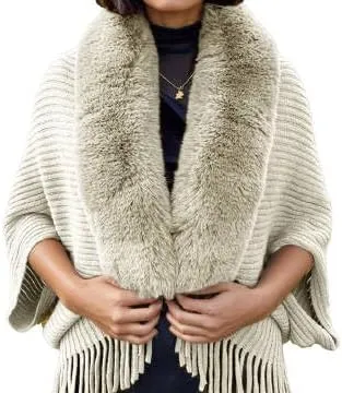 Women's Fringe Poncho Sweaters Ribbed Knit Cape Faux Fur Trim Shawl Wraps Batwing Sleeve Cloak Open Front Cardigans for Women