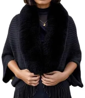Women's Fringe Poncho Sweaters Ribbed Knit Cape Faux Fur Trim Shawl Wraps Batwing Sleeve Cloak Open Front Cardigans for Women