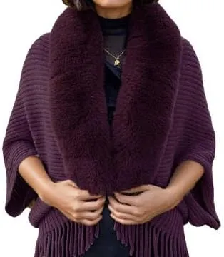 Women's Fringe Poncho Sweaters Ribbed Knit Cape Faux Fur Trim Shawl Wraps Batwing Sleeve Cloak Open Front Cardigans for Women