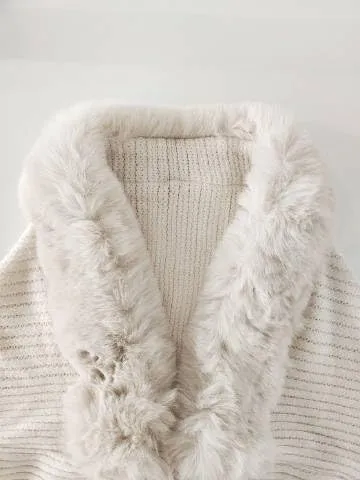 Women's Fringe Poncho Sweaters Ribbed Knit Cape Faux Fur Trim Shawl Wraps Batwing Sleeve Cloak Open Front Cardigans for Women
