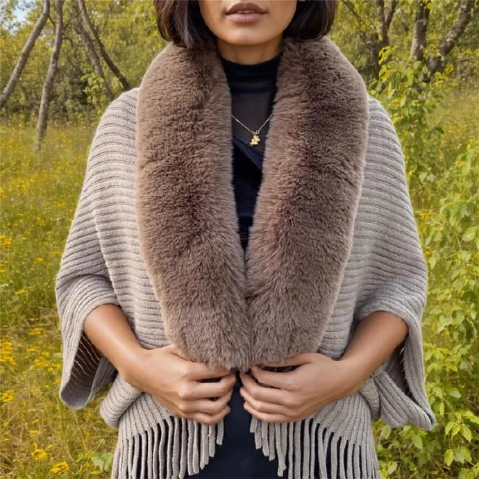 Women's Fringe Poncho Sweaters Ribbed Knit Cape Faux Fur Trim Shawl Wraps Batwing Sleeve Cloak Open Front Cardigans for Women