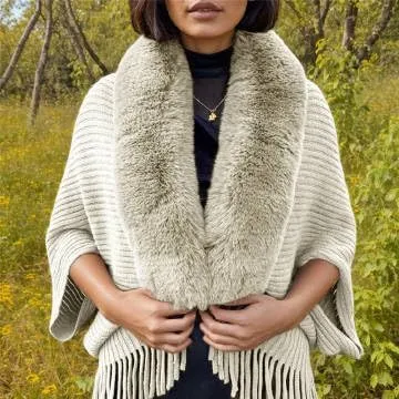 Women's Fringe Poncho Sweaters Ribbed Knit Cape Faux Fur Trim Shawl Wraps Batwing Sleeve Cloak Open Front Cardigans for Women