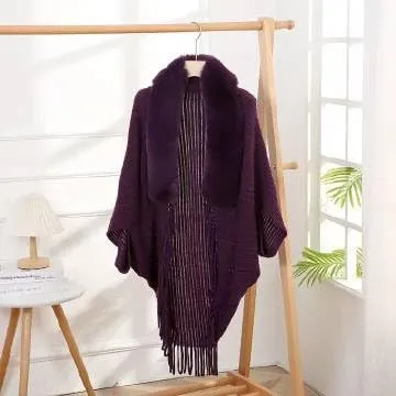 Women's Fringe Poncho Sweaters Ribbed Knit Cape Faux Fur Trim Shawl Wraps Batwing Sleeve Cloak Open Front Cardigans for Women