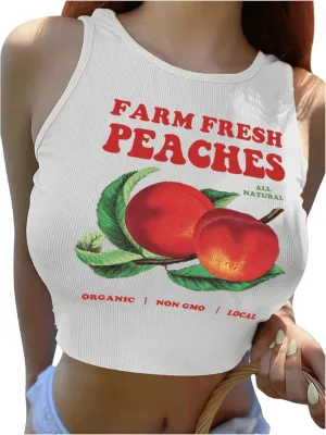 Women's Graphic Crop Tank Top Summer Round Neck Tank Top Shirts Casual Letter Print Sleeveless T Shirt