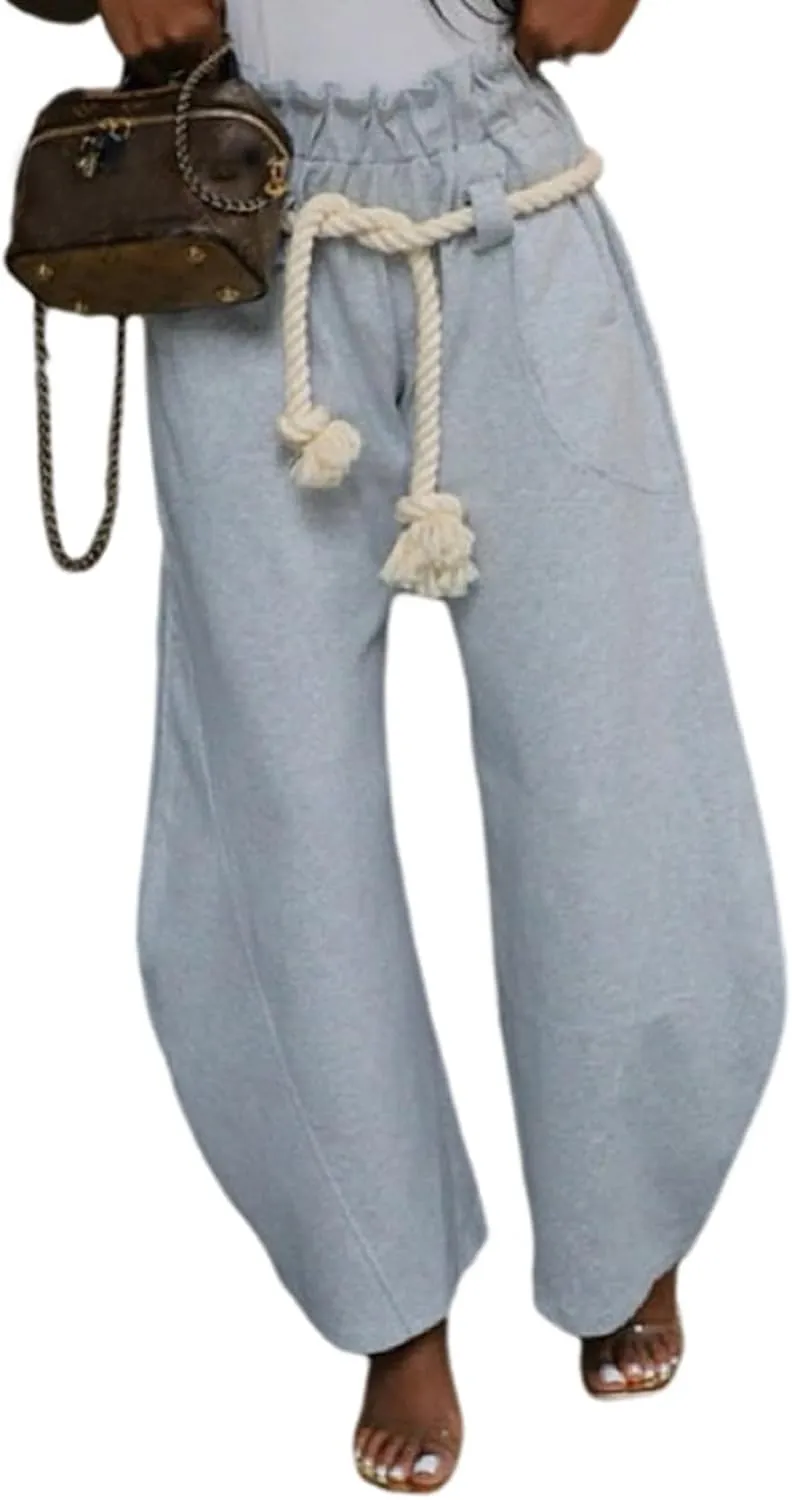 Women's High Waist Wide Leg Sweatpants with Rope Tie Belt Comfortable Barrel Jogger Pants