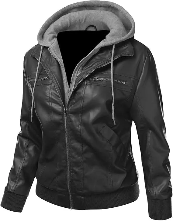 Women's Hooded Faux Leather Biker Jacket with Fleece Lining, Black