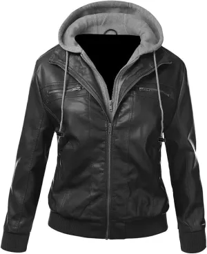 Women's Hooded Faux Leather Biker Jacket with Fleece Lining, Black