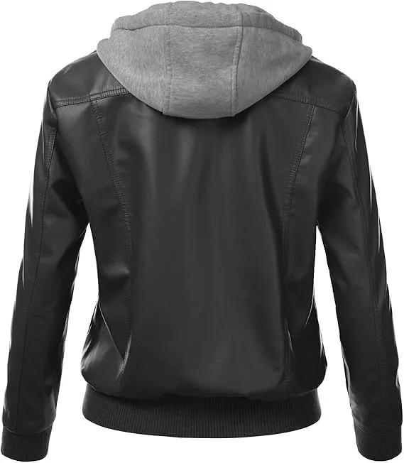 Women's Hooded Faux Leather Biker Jacket with Fleece Lining, Black