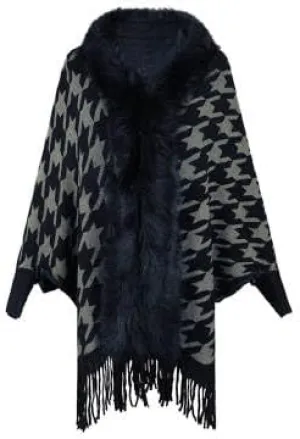 Women's Houndstooth Fringe Poncho Sweaters Cape Faux Fur Trim Shawl Wraps Batwing Sleeve Cloak Open Front Cardigan Knit Scarf