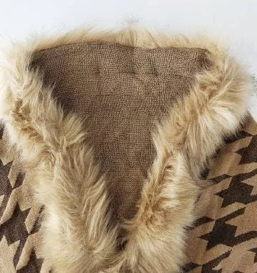 Women's Houndstooth Fringe Poncho Sweaters Cape Faux Fur Trim Shawl Wraps Batwing Sleeve Cloak Open Front Cardigan Knit Scarf