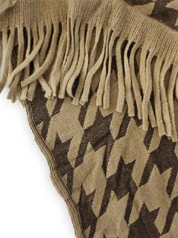 Women's Houndstooth Fringe Poncho Sweaters Cape Faux Fur Trim Shawl Wraps Batwing Sleeve Cloak Open Front Cardigan Knit Scarf
