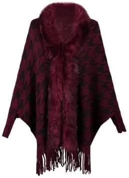 Women's Houndstooth Fringe Poncho Sweaters Cape Faux Fur Trim Shawl Wraps Batwing Sleeve Cloak Open Front Cardigan Knit Scarf