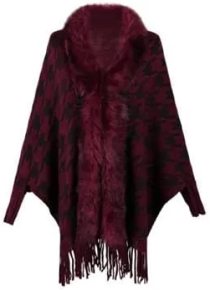 Women's Houndstooth Fringe Poncho Sweaters Cape Faux Fur Trim Shawl Wraps Batwing Sleeve Cloak Open Front Cardigan Knit Scarf