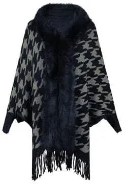 Women's Houndstooth Fringe Poncho Sweaters Cape Faux Fur Trim Shawl Wraps Batwing Sleeve Cloak Open Front Cardigan Knit Scarf