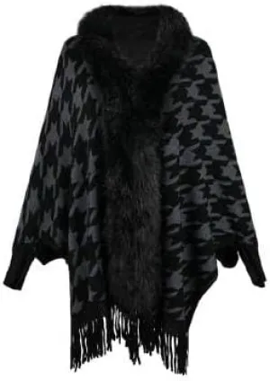 Women's Houndstooth Fringe Poncho Sweaters Cape Faux Fur Trim Shawl Wraps Batwing Sleeve Cloak Open Front Cardigan Knit Scarf