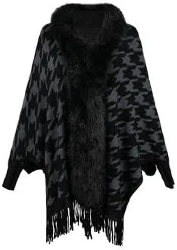 Women's Houndstooth Fringe Poncho Sweaters Cape Faux Fur Trim Shawl Wraps Batwing Sleeve Cloak Open Front Cardigan Knit Scarf