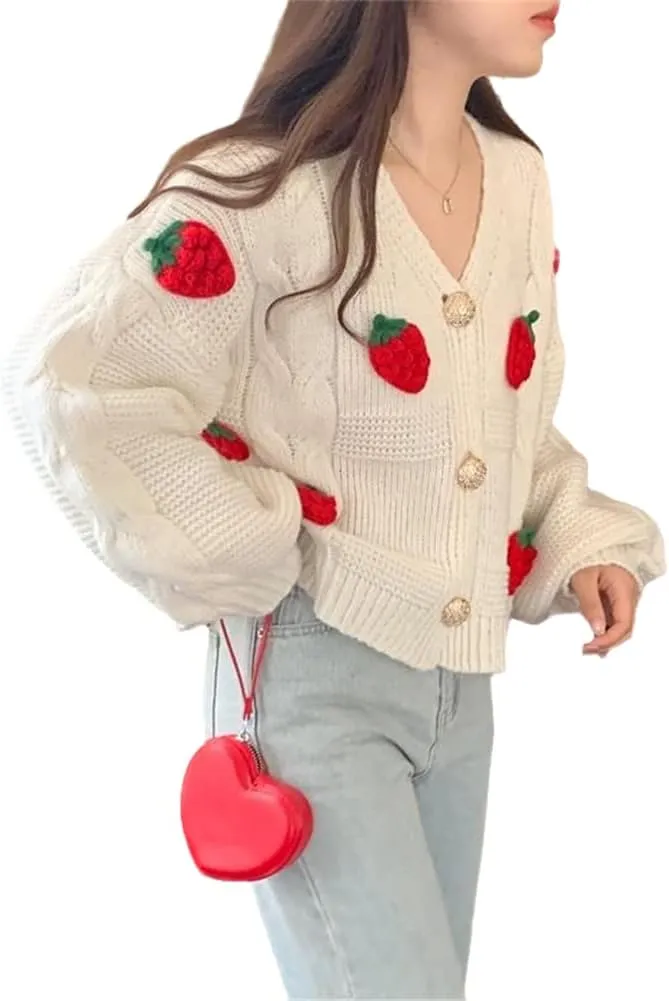 Womens Kawaii Strawberry Knit Cropped Sweater Cute Cardigan Aesthetic for Teen Girls Floral Y2k Korean School Uniform Jacket