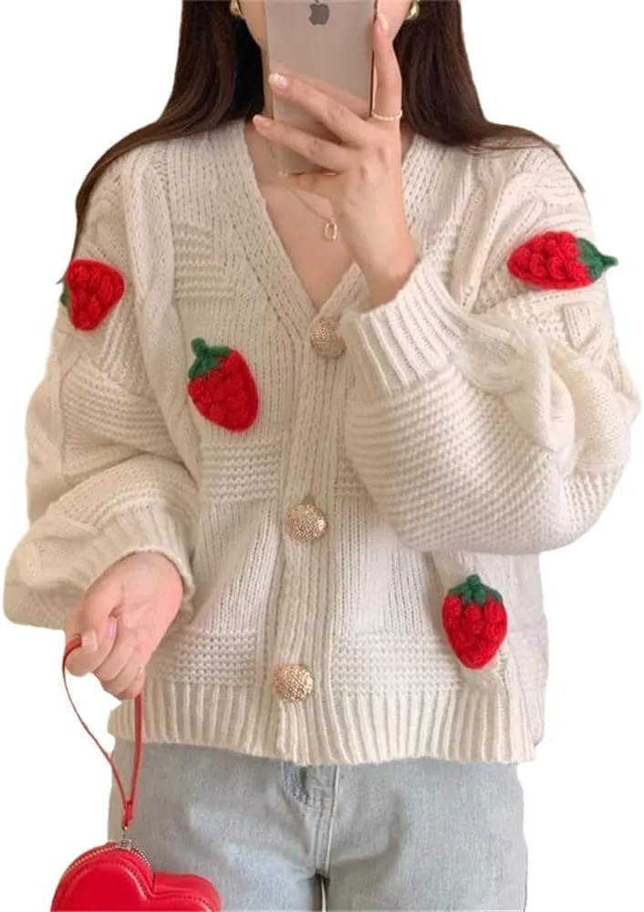 Womens Kawaii Strawberry Knit Cropped Sweater Cute Cardigan Aesthetic for Teen Girls Floral Y2k Korean School Uniform Jacket