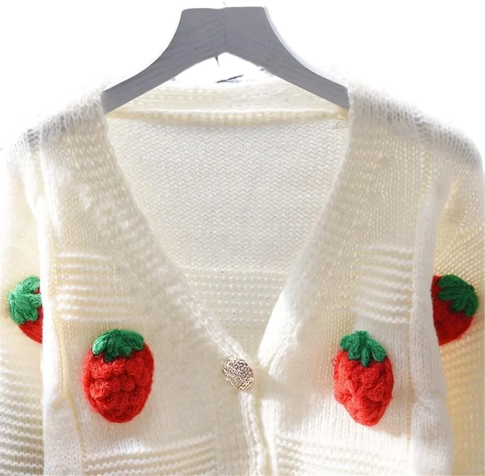 Womens Kawaii Strawberry Knit Cropped Sweater Cute Cardigan Aesthetic for Teen Girls Floral Y2k Korean School Uniform Jacket