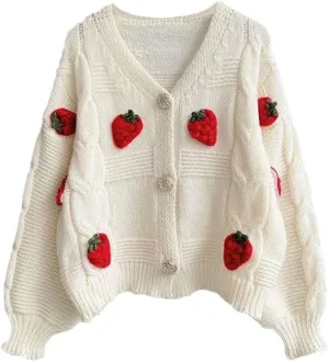 Womens Kawaii Strawberry Knit Cropped Sweater Cute Cardigan Aesthetic for Teen Girls Floral Y2k Korean School Uniform Jacket