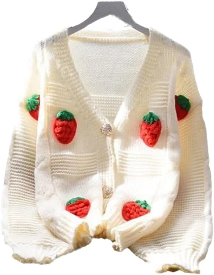 Womens Kawaii Strawberry Knit Cropped Sweater Cute Cardigan Aesthetic for Teen Girls Floral Y2k Korean School Uniform Jacket