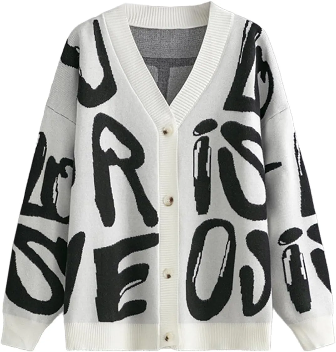 Women's Knit Long Sleeve Open Front Cardigan V-Neck Button Down Letter Pattern Sweater Coat Outwear