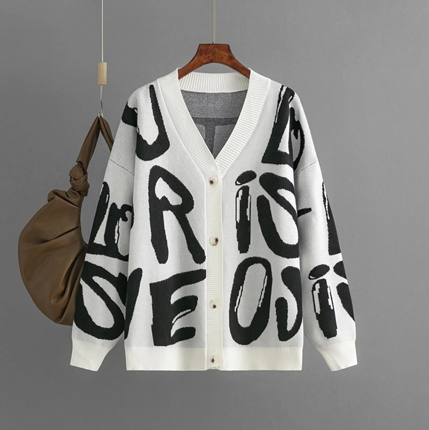 Women's Knit Long Sleeve Open Front Cardigan V-Neck Button Down Letter Pattern Sweater Coat Outwear