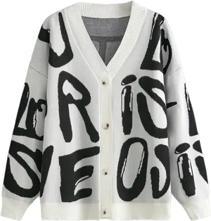 Women's Knit Long Sleeve Open Front Cardigan V-Neck Button Down Letter Pattern Sweater Coat Outwear