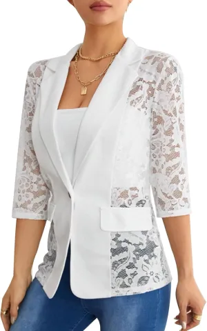 Women's Lace Blazer Open Front 3/4 Sleeve Button Down Sheer Mesh Lace Blazers Elegant Casual Blazer Jacket