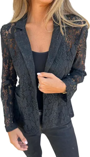 Women's Lace Blazer Open Front 3/4 Sleeve Button Down Sheer Mesh Lace Blazers Elegant Casual Blazer Jacket