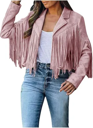 Women's Leather Jacket Faux Suede Fringe Jacket Long Sleeve Lapel Vintage Coats Open Front Tassel Cardigan
