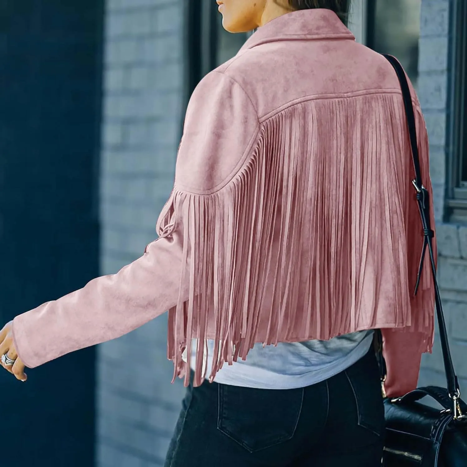 Women's Leather Jacket Faux Suede Fringe Jacket Long Sleeve Lapel Vintage Coats Open Front Tassel Cardigan