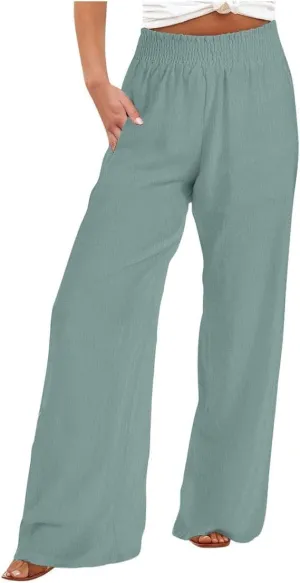 Women's Linen Palazzo Pants with Pockets Flowy Wide Leg Beach Lounge Trousers Summer Casual Vacation Dress Pant