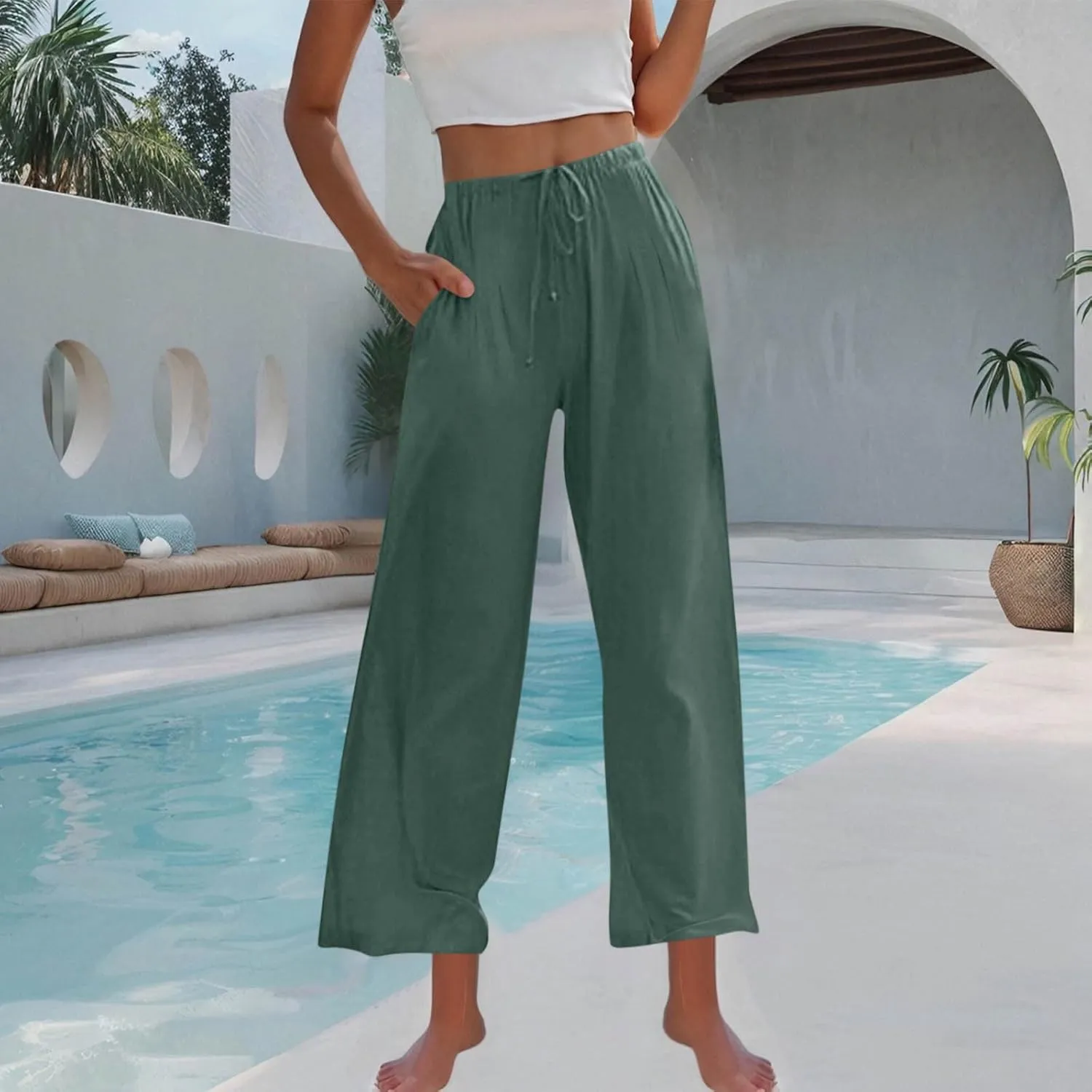 Women's Linen Summer Palazzo Pants Drawstring Elastic Waist Baggy Long Pant Flowy Wide Leg Beach Trousers with Pockets