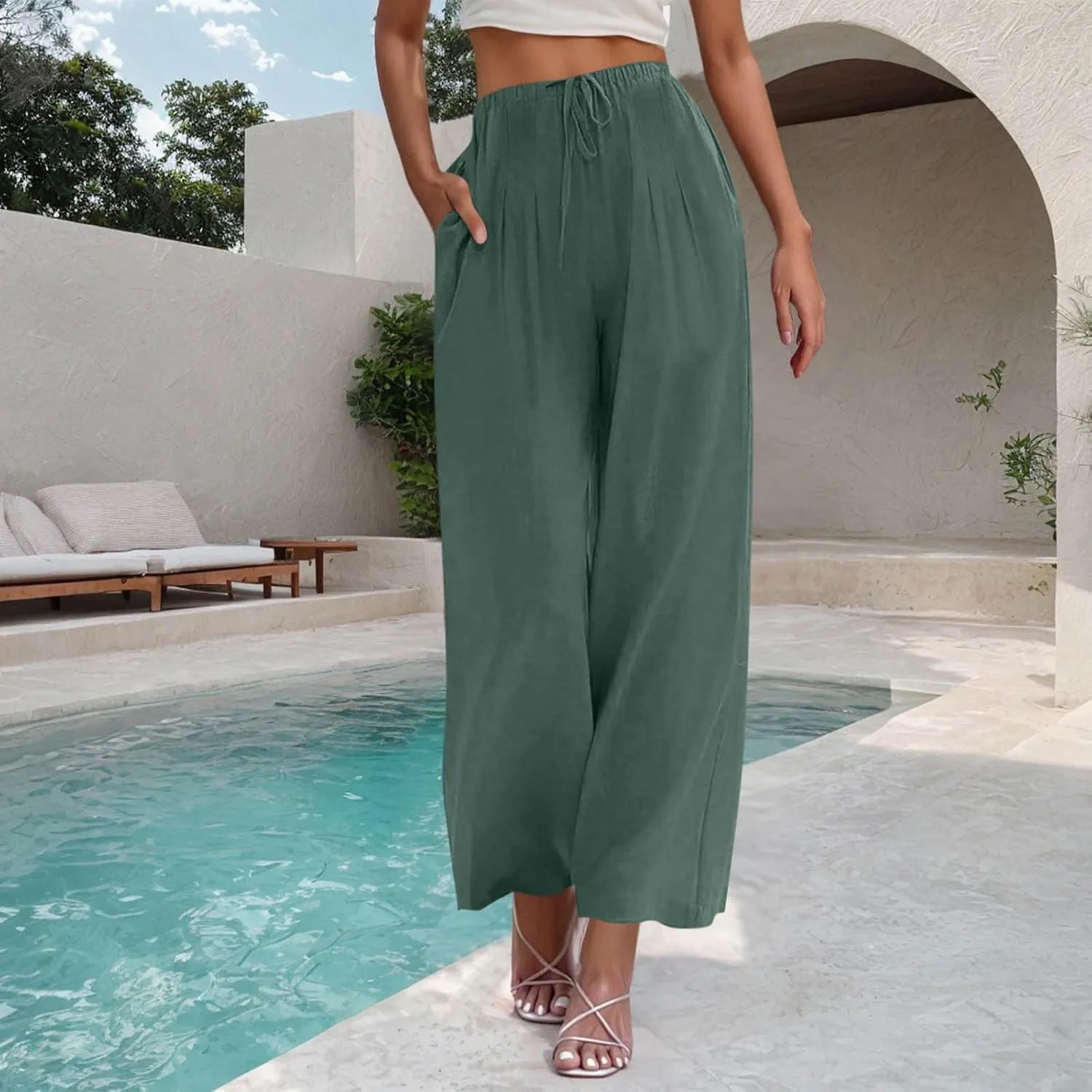 Women's Linen Summer Palazzo Pants Drawstring Elastic Waist Baggy Long Pant Flowy Wide Leg Beach Trousers with Pockets