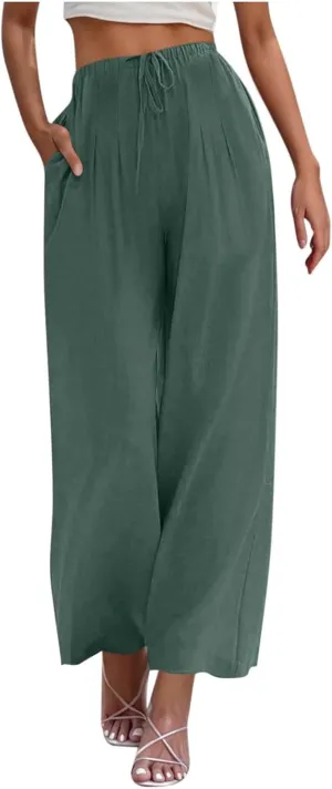Women's Linen Summer Palazzo Pants Drawstring Elastic Waist Baggy Long Pant Flowy Wide Leg Beach Trousers with Pockets
