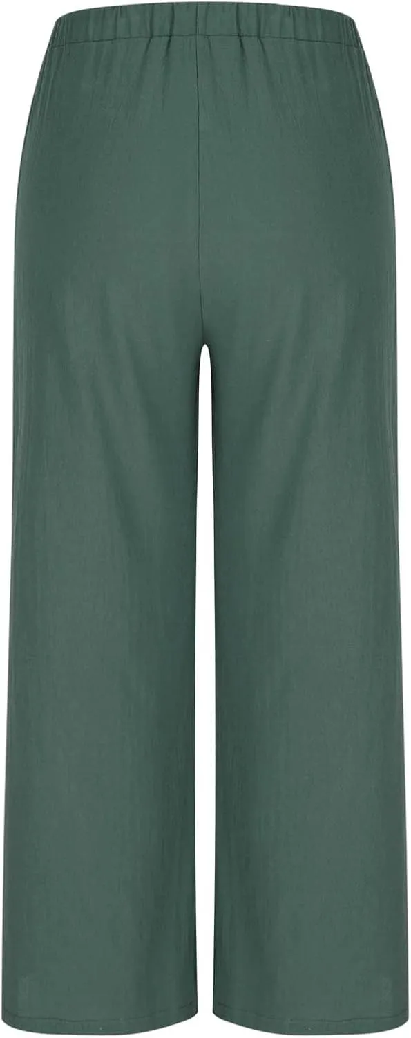 Women's Linen Summer Palazzo Pants Drawstring Elastic Waist Baggy Long Pant Flowy Wide Leg Beach Trousers with Pockets