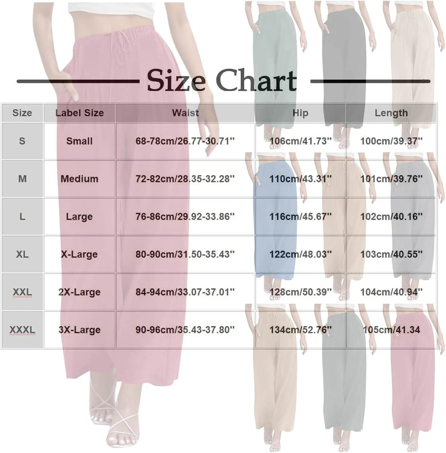 Women's Linen Summer Palazzo Pants Drawstring Elastic Waist Baggy Long Pant Flowy Wide Leg Beach Trousers with Pockets