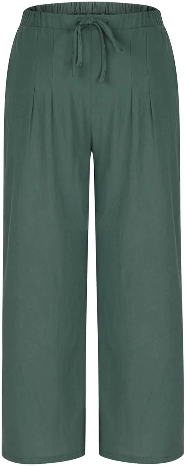 Women's Linen Summer Palazzo Pants Drawstring Elastic Waist Baggy Long Pant Flowy Wide Leg Beach Trousers with Pockets